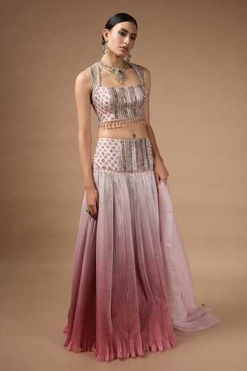 Buy_Rocky Star_Pink Silk, Organza Square Neck Ombre Embroidered Lehenga Set _Online_at_Aza_Fashions