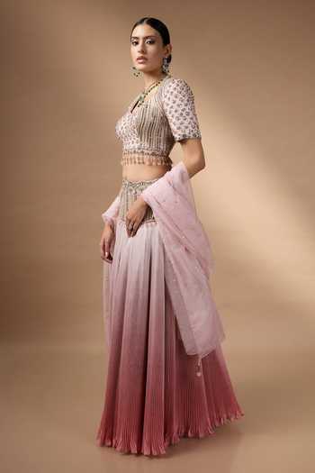 Rocky Star_Pink Organza, Silk Sweetheart Neck Hand Embroidered Raw Lehenga Set _Online_at_Aza_Fashions