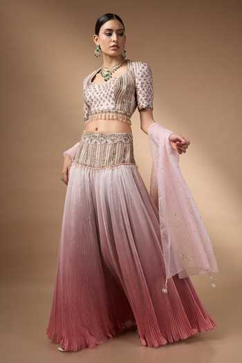 Shop_Rocky Star_Pink Organza, Silk Sweetheart Neck Hand Embroidered Raw Lehenga Set _Online_at_Aza_Fashions