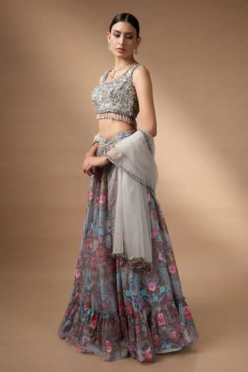 Buy Rocky Star Grey Organza Scoop Neck Printed Lehenga Set Online at Aza Fashions Buy_Rocky Star_Grey Organza Scoop Neck Printed Lehenga Set _Online_at_Aza_Fashions