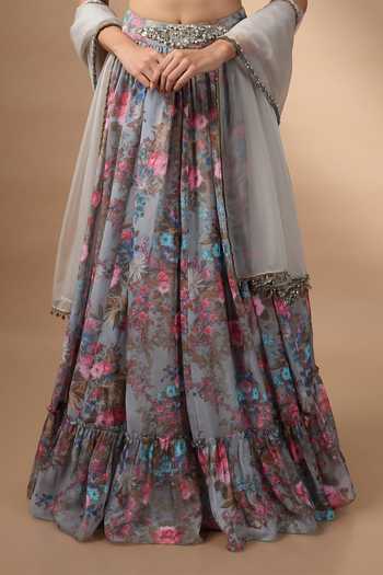 Shop Rocky Star Grey Organza Scoop Neck Printed Lehenga Set Online at Aza Fashions Shop_Rocky Star_Grey Organza Scoop Neck Printed Lehenga Set _Online_at_Aza_Fashions