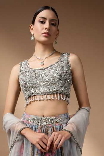 Rocky Star Grey Organza Scoop Neck Printed Lehenga Set at Aza Fashions Rocky Star_Grey Organza Scoop Neck Printed Lehenga Set _at_Aza_Fashions