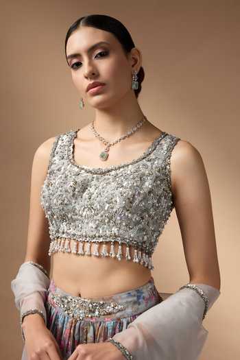Buy Rocky Star Grey Organza Scoop Neck Printed Lehenga Set Buy_Rocky Star_Grey Organza Scoop Neck Printed Lehenga Set