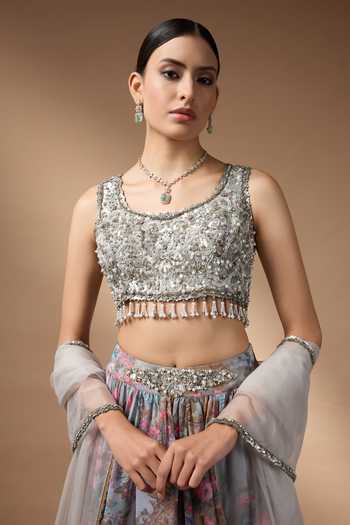 Shop Rocky Star Grey Organza Scoop Neck Printed Lehenga Set Shop_Rocky Star_Grey Organza Scoop Neck Printed Lehenga Set