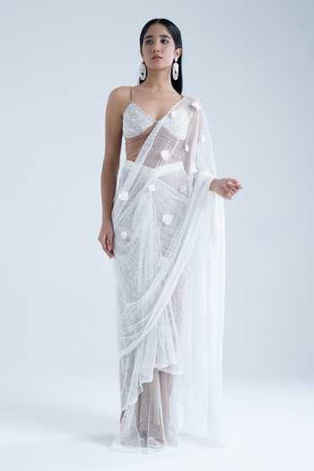 Buy_Naina Seth_White Crepe, Mesh, Pure 3d Floral Embroidered Pre-draped Saree With Blouse _Online_at_Aza_Fashions