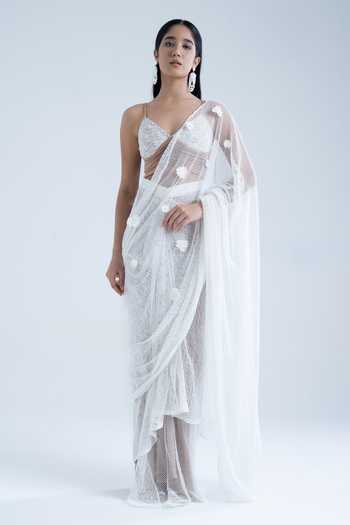 Shop_Naina Seth_White Crepe, Mesh, Pure 3d Floral Embroidered Pre-draped Saree With Blouse _Online_at_Aza_Fashions