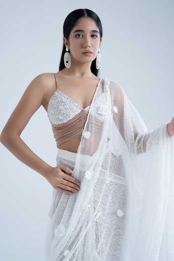 Naina Seth_White Crepe, Mesh, Pure 3d Floral Embroidered Pre-draped Saree With Blouse _at_Aza_Fashions