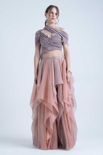 Buy Naina Seth Purple Organza Asymmetric Neck Draped Pleated Blouse And Layered Skirt Set Online at Aza Fashions Buy_Naina Seth_Purple Organza Asymmetric Neck Draped Pleated Blouse And Layered Skirt Set _Online_at_Aza_Fashions