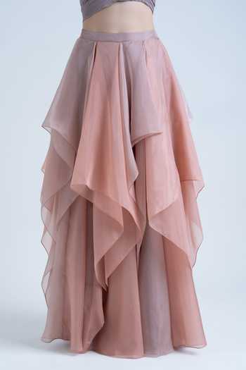Shop Naina Seth Purple Organza Asymmetric Neck Draped Pleated Blouse And Layered Skirt Set Online at Aza Fashions Shop_Naina Seth_Purple Organza Asymmetric Neck Draped Pleated Blouse And Layered Skirt Set _Online_at_Aza_Fashions