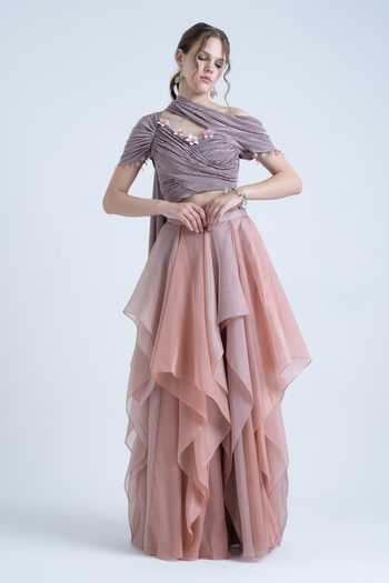 Naina Seth Draped Pleated Blouse & Layered Skirt Set 