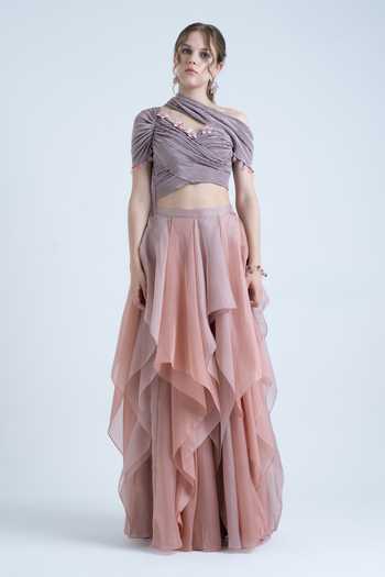Naina Seth Purple Organza Asymmetric Neck Draped Pleated Blouse And Layered Skirt Set at Aza Fashions Naina Seth_Purple Organza Asymmetric Neck Draped Pleated Blouse And Layered Skirt Set _at_Aza_Fashions