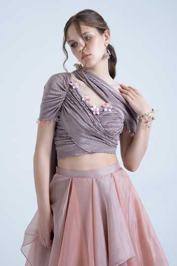 Buy Naina Seth Purple Organza Asymmetric Neck Draped Pleated Blouse And Layered Skirt Set Buy_Naina Seth_Purple Organza Asymmetric Neck Draped Pleated Blouse And Layered Skirt Set