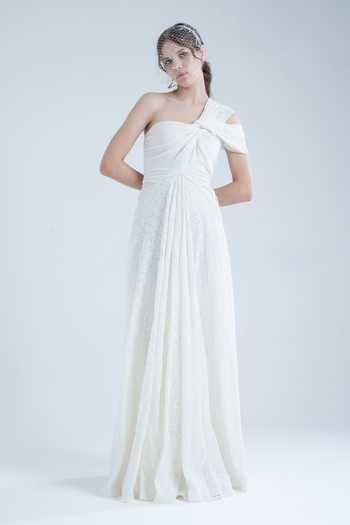 Buy_Naina Seth_White Crepe, , Pure Cotton One Shoulder Pleated Gown _Online_at_Aza_Fashions
