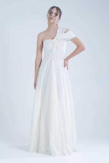 Shop_Naina Seth_White Crepe, , Pure Cotton One Shoulder Pleated Gown _Online_at_Aza_Fashions