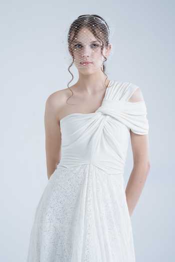 Naina Seth_White Crepe, , Pure Cotton One Shoulder Pleated Gown _at_Aza_Fashions