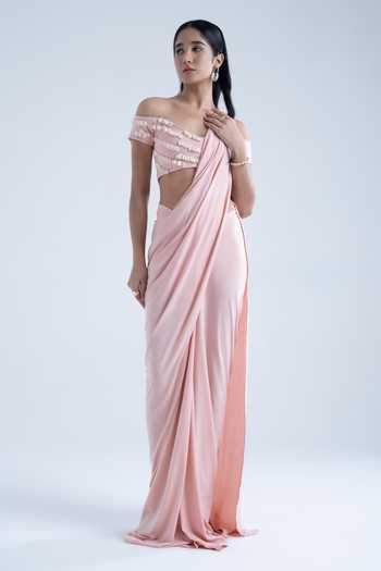 Buy Naina Seth Peach Crepe Off-shoulder Pre-draped Saree With Off Blouse Online at Aza Fashions Buy_Naina Seth_Peach Crepe Off-shoulder Pre-draped Saree With Off Blouse _Online_at_Aza_Fashions
