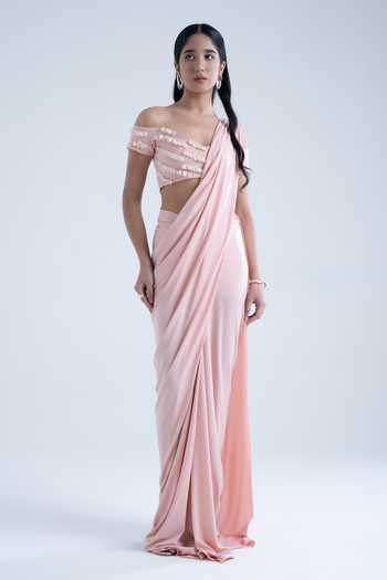 Shop Naina Seth Peach Crepe Off-shoulder Pre-draped Saree With Off Blouse Online at Aza Fashions Shop_Naina Seth_Peach Crepe Off-shoulder Pre-draped Saree With Off Blouse _Online_at_Aza_Fashions