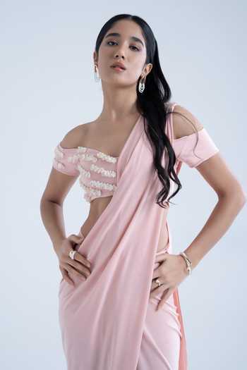 Naina Seth Peach Crepe Off-shoulder Pre-draped Saree With Off Blouse at Aza Fashions Naina Seth_Peach Crepe Off-shoulder Pre-draped Saree With Off Blouse _at_Aza_Fashions