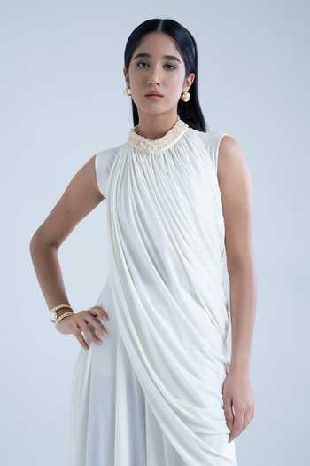 Naina Seth White Crepe Choker Neck Collar Embellished Top And Pant Set at Aza Fashions Naina Seth_White Crepe Choker Neck Collar Embellished Top And Pant Set _at_Aza_Fashions