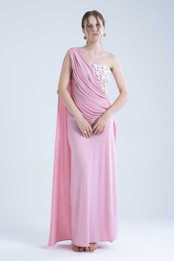 Buy_Naina Seth_Pink Crepe Applique, Fabric Flowers One Shoulder Hand Embellished Gown _Online_at_Aza_Fashions