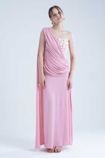 Shop_Naina Seth_Pink Crepe Applique, Fabric Flowers One Shoulder Hand Embellished Gown _Online_at_Aza_Fashions