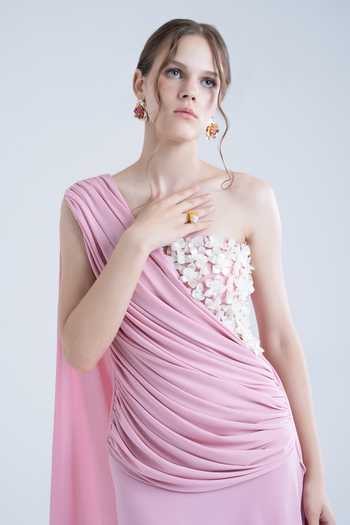 Naina Seth_Pink Crepe Applique, Fabric Flowers One Shoulder Hand Embellished Gown _at_Aza_Fashions