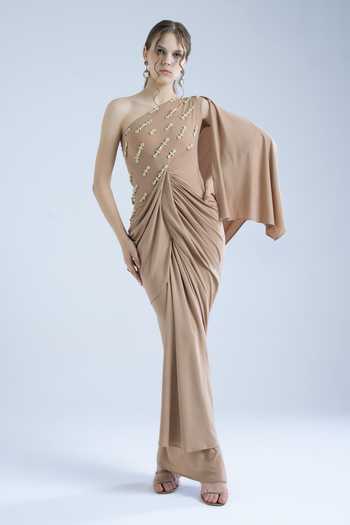 Buy Naina Seth Brown Crepe Beads, Pearls One Shoulder Hand Embellished Gown Online at Aza Fashions Buy_Naina Seth_Brown Crepe Beads, Pearls One Shoulder Hand Embellished Gown _Online_at_Aza_Fashions