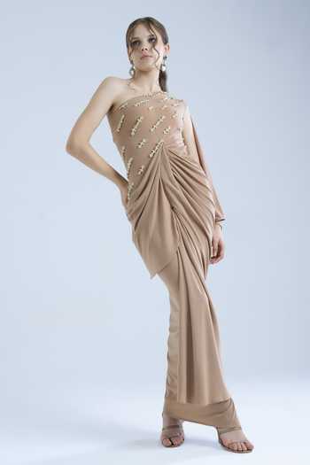 Shop Naina Seth Brown Crepe Beads, Pearls One Shoulder Hand Embellished Gown Online at Aza Fashions Shop_Naina Seth_Brown Crepe Beads, Pearls One Shoulder Hand Embellished Gown _Online_at_Aza_Fashions