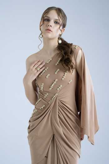 Naina Seth Brown Crepe Beads, Pearls One Shoulder Hand Embellished Gown at Aza Fashions Naina Seth_Brown Crepe Beads, Pearls One Shoulder Hand Embellished Gown _at_Aza_Fashions