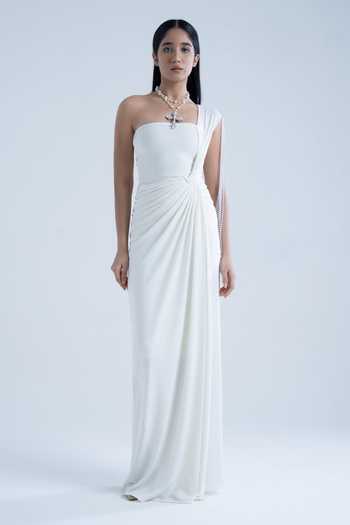 Naina Seth White Crepe Pearls, Tassels One Shoulder Gown Online at Aza Fashions Naina Seth_White Crepe Pearls, Tassels One Shoulder Gown _Online_at_Aza_Fashions