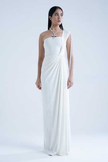 Buy Naina Seth White Crepe Pearls, Tassels One Shoulder Gown Online at Aza Fashions Buy_Naina Seth_White Crepe Pearls, Tassels One Shoulder Gown _Online_at_Aza_Fashions