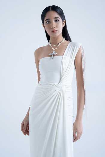 Shop Naina Seth White Crepe Pearls, Tassels One Shoulder Gown Online at Aza Fashions Shop_Naina Seth_White Crepe Pearls, Tassels One Shoulder Gown _Online_at_Aza_Fashions