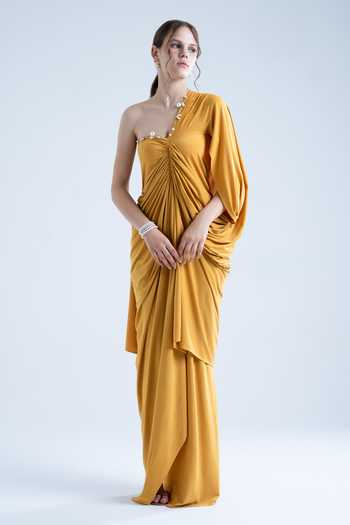 Buy Naina Seth Yellow Crepe Pearls One Shoulder Draped Gown Online at Aza Fashions Buy_Naina Seth_Yellow Crepe Pearls One Shoulder Draped Gown _Online_at_Aza_Fashions