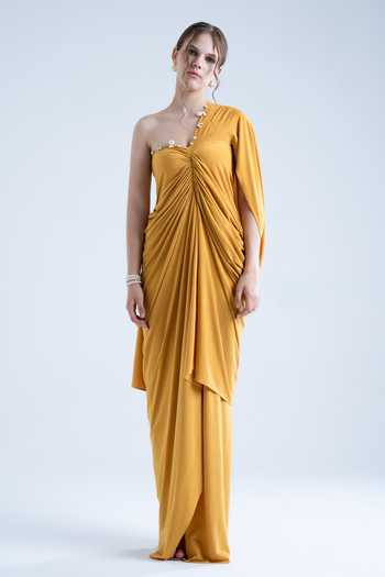 Shop Naina Seth Yellow Crepe Pearls One Shoulder Draped Gown Online at Aza Fashions Shop_Naina Seth_Yellow Crepe Pearls One Shoulder Draped Gown _Online_at_Aza_Fashions
