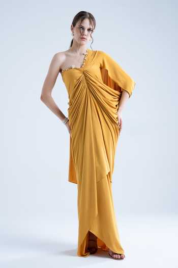 Naina Seth Yellow Crepe Pearls One Shoulder Draped Gown at Aza Fashions Naina Seth_Yellow Crepe Pearls One Shoulder Draped Gown _at_Aza_Fashions