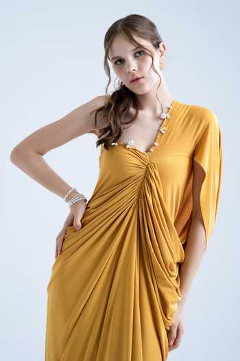 Buy Naina Seth Yellow Crepe Pearls One Shoulder Draped Gown Buy_Naina Seth_Yellow Crepe Pearls One Shoulder Draped Gown