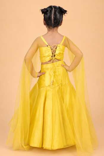 Shop Turqidz By Shweta Aggarwal Yellow Silk, Cotton Embroidered Lehenga And Draped Blouse Set at Aza Fashions Shop_Turqidz By Shweta Aggarwal_Yellow Silk, Cotton Embroidered Lehenga And Draped Blouse Set _at_Aza_Fashions