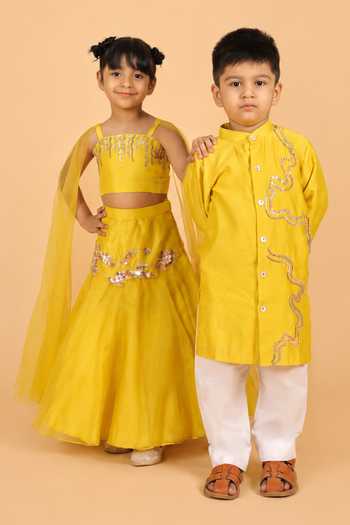 Buy Turqidz By Shweta Aggarwal Yellow Chanderi, Cotton Embroidered Kurta And Pyjama Set Online at Aza Fashions Buy_Turqidz By Shweta Aggarwal_Yellow Chanderi, Cotton Embroidered Kurta And Pyjama Set _Online_at_Aza_Fashions