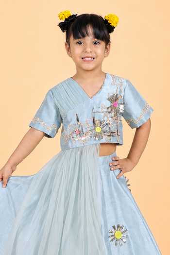 Turqidz By Shweta Aggarwal Sky Blue Dupion, Silk 3d Embroidered Draped Blouse And Lehenga Set Online at Aza Fashions Turqidz By Shweta Aggarwal_Sky Blue Dupion, Silk 3d Embroidered Draped Blouse And Lehenga Set _Online_at_Aza_Fashions