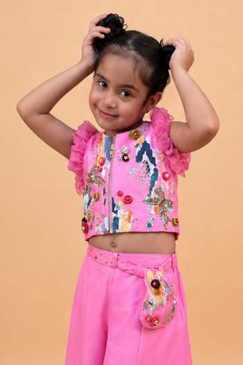 Turqidz By Shweta Aggarwal Pink Silk, Dupion Embroidery Jacket And Sharara Set at Aza Fashions Turqidz By Shweta Aggarwal_Pink Silk, Dupion Embroidery Jacket And Sharara Set _at_Aza_Fashions