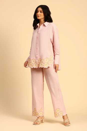Dohr India Pink Cotton, Linen Collared Neck Shirt And Pant Set Online at Aza Fashions Dohr India_Pink Cotton, Linen Collared Neck Shirt And Pant Set _Online_at_Aza_Fashions