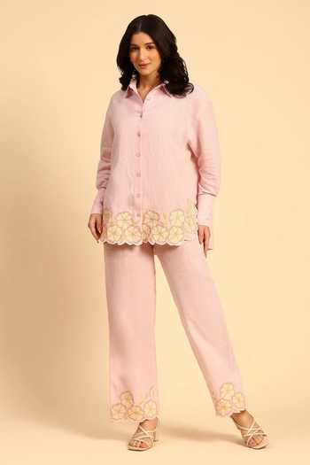 Shop Dohr India Pink Cotton, Linen Collared Neck Shirt And Pant Set Online at Aza Fashions Shop_Dohr India_Pink Cotton, Linen Collared Neck Shirt And Pant Set _Online_at_Aza_Fashions