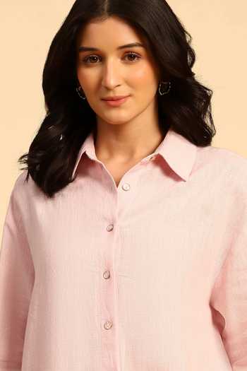 Buy Dohr India Pink Cotton, Linen Collared Neck Shirt And Pant Set Buy_Dohr India_Pink Cotton, Linen Collared Neck Shirt And Pant Set