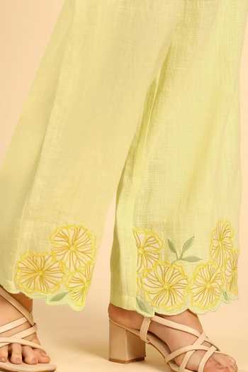 Dohr India_Green Cotton, Linen Collared Neck Border Embroidered Shirt And Pant Set _Online_at_Aza_Fashions
