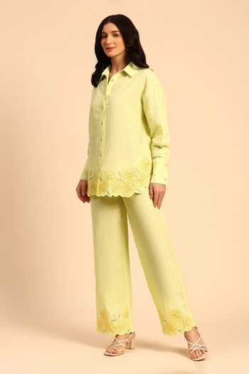 Buy_Dohr India_Green Cotton, Linen Collared Neck Border Embroidered Shirt And Pant Set _Online_at_Aza_Fashions