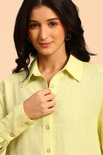 Shop_Dohr India_Green Cotton, Linen Collared Neck Border Embroidered Shirt And Pant Set _Online_at_Aza_Fashions