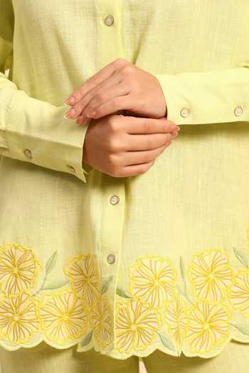 Dohr India_Green Cotton, Linen Collared Neck Border Embroidered Shirt And Pant Set _at_Aza_Fashions
