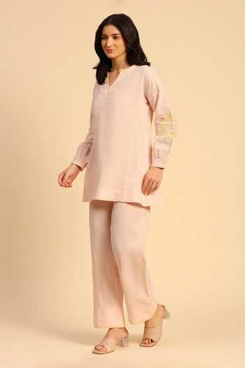 Dohr India_Pink Cotton, Linen V-neck Embroidered Top And Pant Set _Online_at_Aza_Fashions
