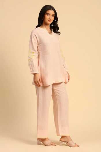 Buy_Dohr India_Pink Cotton, Linen V-neck Embroidered Top And Pant Set _Online_at_Aza_Fashions