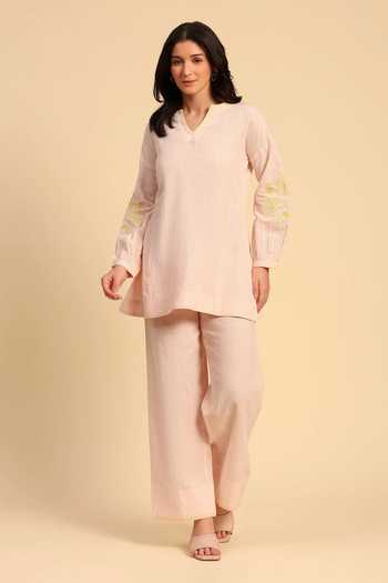 Shop_Dohr India_Pink Cotton, Linen V-neck Embroidered Top And Pant Set _Online_at_Aza_Fashions